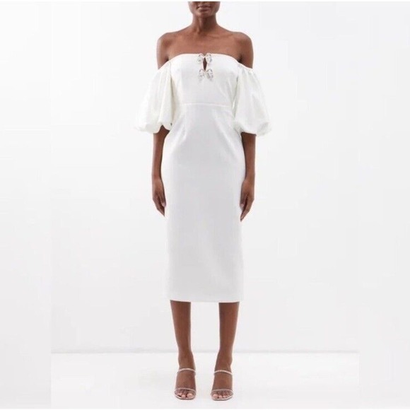 SELF PORTRAIT White Crepe Bow Balloon Sleeve Midi Dress - Picture 3 of 11